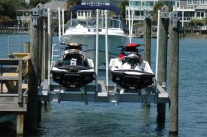 jet ski lift with dual sets of bunks set to different heights for when you only need one jet ski so the other wont float away 